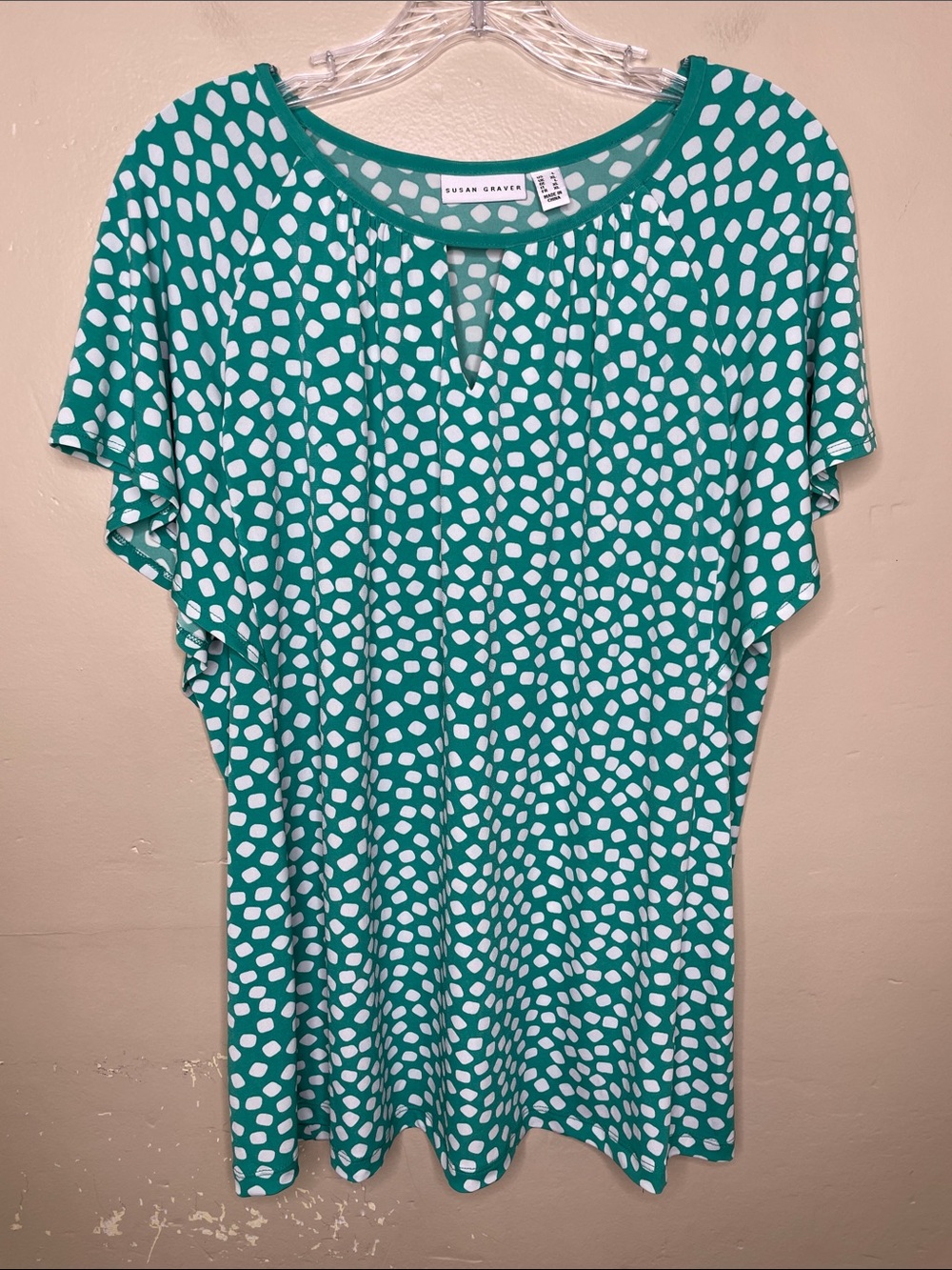 SUSAN GRAVER Green & White Square Polka Dot Liquid Knit Popover Tunic Top Large